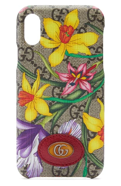 Shop Gucci Ophidia Floral Gg Supreme Iphone X/xs Case In Beige Ebony Multi/ Rosso