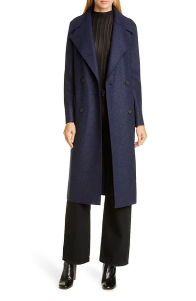 Shop Harris Wharf London Double Breasted Wool Military Coat In Blue Mouline