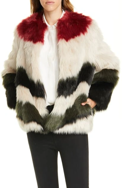 Shop Frame Stripe Faux Fur Jacket In Taupe Multi