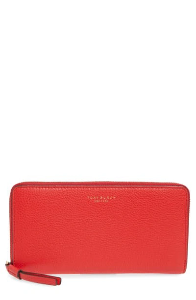 Shop Tory Burch Perry Leather Continental Zip Wallet In Brilliant Red