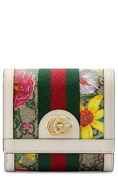 Shop Gucci Medium Ophidia Floral Gg Supreme Canvas Wallet In Beige Ebony/ Mystic White/red