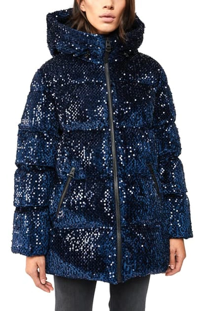 Shop Mackage Hooded Sequin 800 Fill Power Down Puffer Jacket In Navy