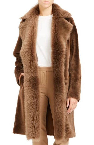 Shop Theory Jathan Hollice Genuine Shearling & Leather Long Coat In Cocoa