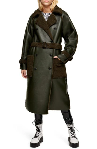 Topshop Reversible Faux Shearling Trench Coat In Olive | ModeSens