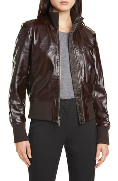 Shop Theory Patent Leather Aviator Bomber Jacket In Espresso
