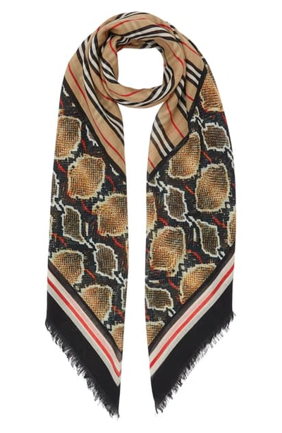 Shop Burberry Stripe & Snake Print Wool & Silk Scarf In Archive Beige