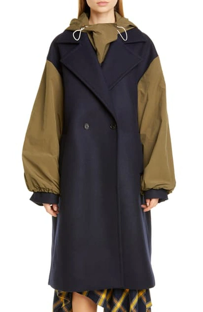 Shop Monse Mixed Media Double Breasted Coat In Midnight/ Olive