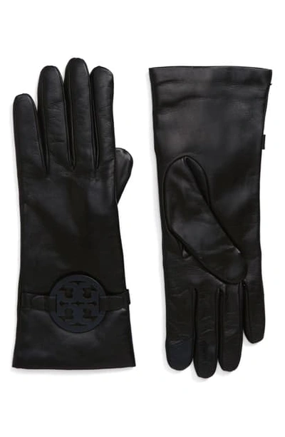 Shop Tory Burch Miller T-logo Leather Gloves In Black