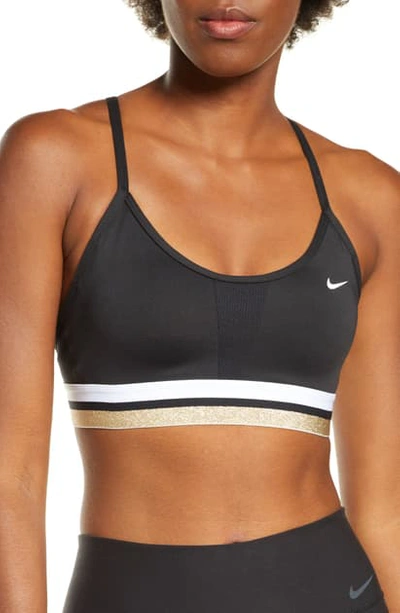 Shop Nike Indy Icon Clash Dri-fit Sports Bra In Black/white/ Met Gold