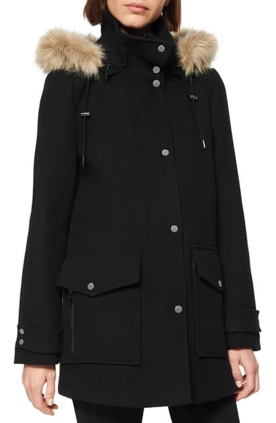 Shop Marc New York Faux Fur Trim Hooded Duffle Coat In Black