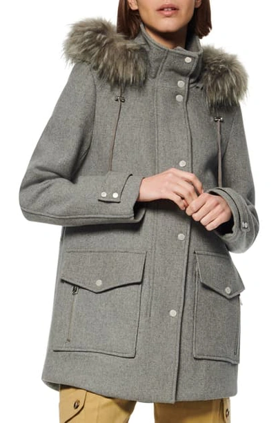 Shop Marc New York Faux Fur Trim Hooded Duffle Coat In Grey