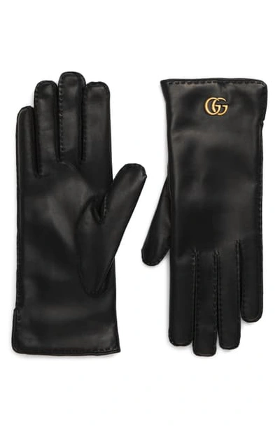 Shop Gucci Maya Double-g Leather Gloves In Black/ Green/ Red