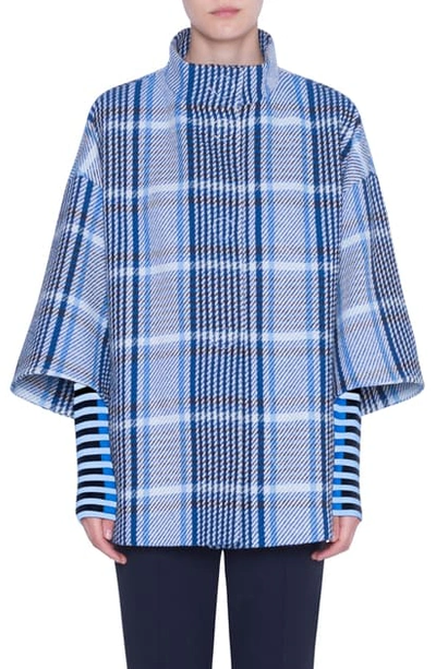 Shop Akris Punto Plaid Tweed Cotton Blend Coat In Blue Multicolor