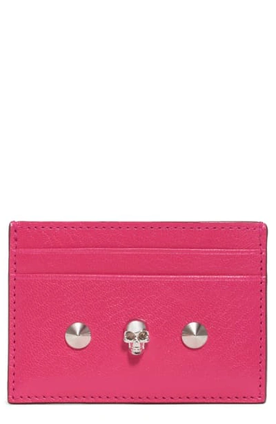 Shop Alexander Mcqueen Skull & Studs Leather Card Case In Orchid Pink/ New Red