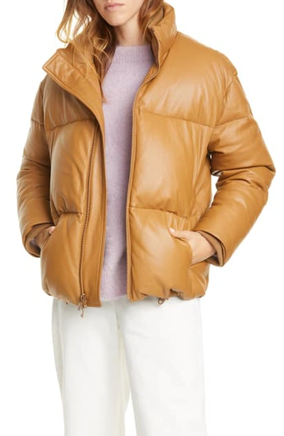 Vince Zip front Leather Puffer Jacket In Dark Camel ModeSens
