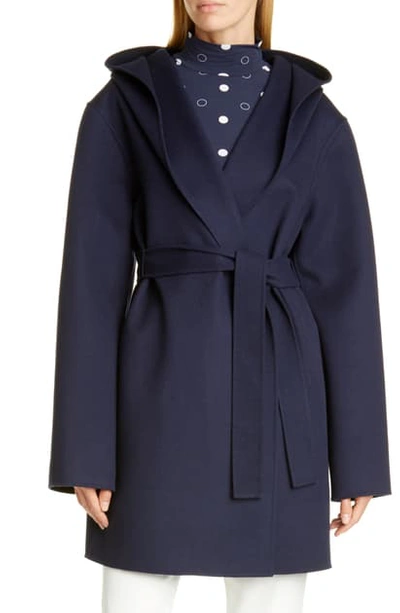 Shop St John Hooded Wool & Cashmere Double Face Coat In Navy