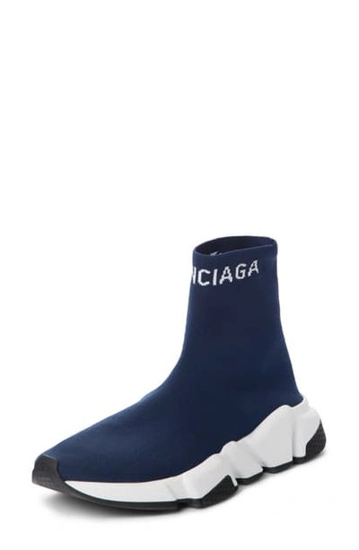 Shop Balenciaga Hi Speed Logo Sock Sneaker In Navy