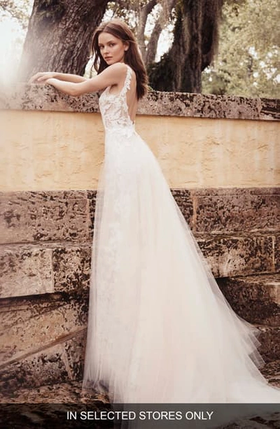 Shop Monique Lhuillier Kiss Lace & Tulle Wedding Dress In Silk White / Blossom