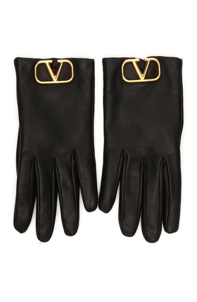 Shop Valentino Go Logo Leather Gloves In Nero