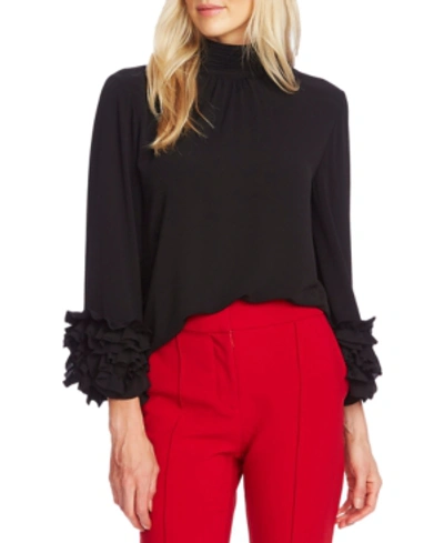 Shop Vince Camuto Shirred Mock-neck Ruffled Blouse In Rich Black