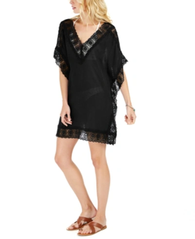 Shop La Blanca Cotton Island Fare Crochet-trim Tunic Cover-up Women's Swimsuit In Black