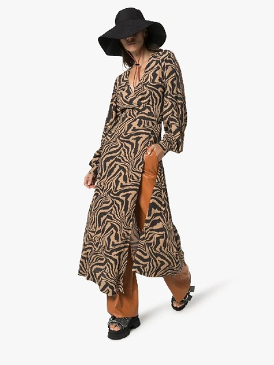 Shop Ganni Zebra Print Wrap Dress In Brown