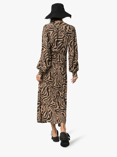 Shop Ganni Zebra Print Wrap Dress In Brown