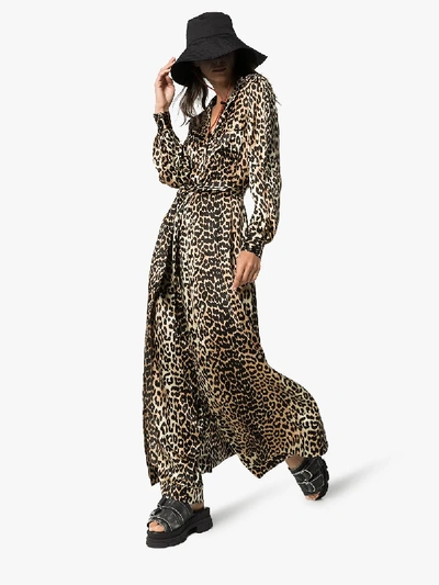 Shop Ganni Leopard Print Maxi Silk Shirt Dress In Brown