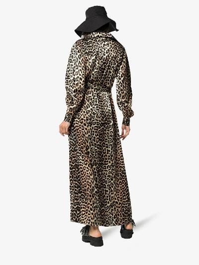 Shop Ganni Leopard Print Maxi Silk Shirt Dress In Brown