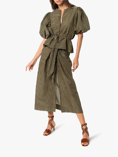 Shop Ganni Checked Tie Waist Blouse In Green