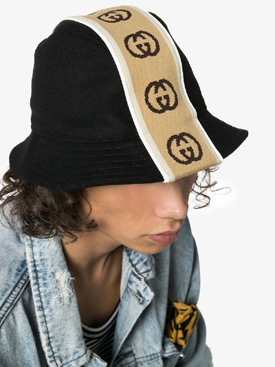 Shop Gucci Black Stripe Logo Wool Bucket Hat