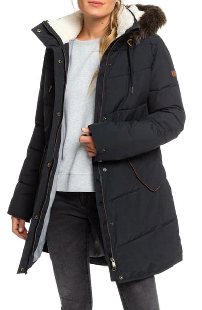 Roxy Juniors' Ellie Hooded Faux-fur-trim Puffer Coat In True Black |  ModeSens