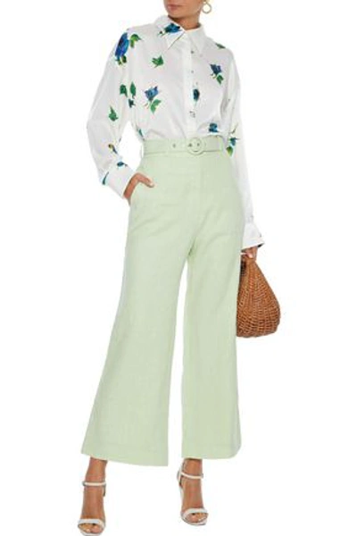 Shop Zimmermann Corsage Crop Belted Linen Wide-leg Pants In Light Green