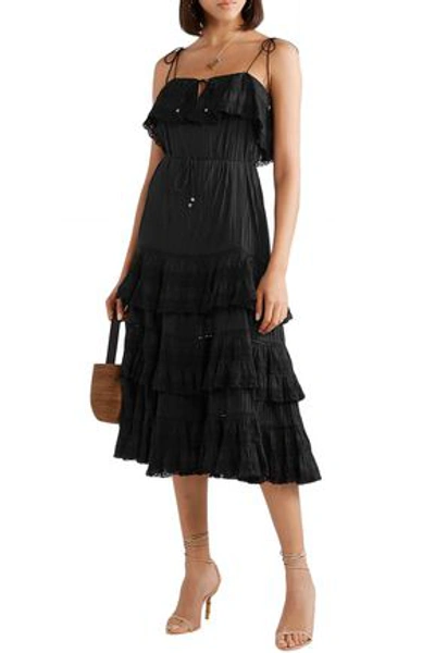 Shop Zimmermann Juniper Pintuck Tiered Lace-trimmed Cotton-voile Midi Dress In Black