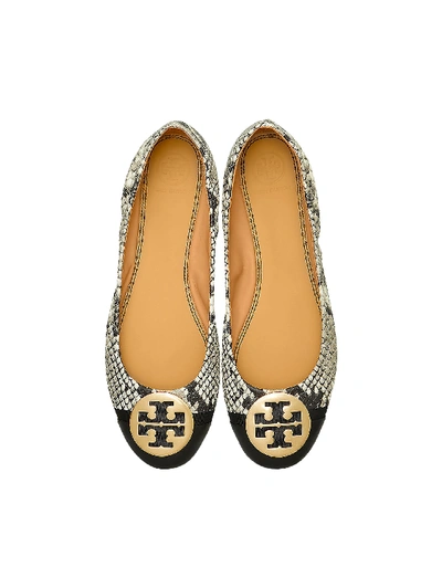 Shop Tory Burch Roccia Snake Printed Leather Minnie Cap-toe Ballerinas In Gray