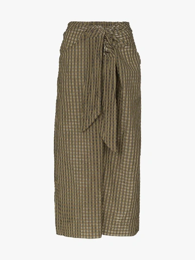 Shop Ganni Tie Waist Check Midi Skirt In Green