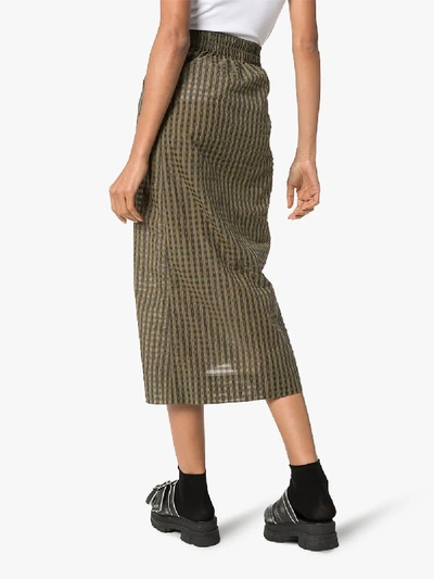 Shop Ganni Tie Waist Check Midi Skirt In Green