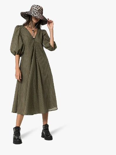 Shop Ganni Green Checked Puff Sleeve Dress