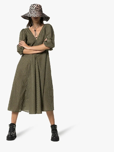 Shop Ganni Green Checked Puff Sleeve Dress