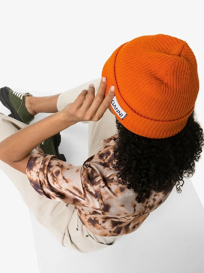 Shop Ganni Orange Knitted Wool Beanie Hat