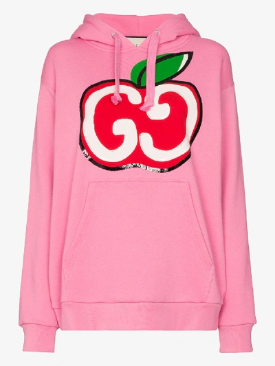 Gucci Hooded Sweatshirt With Gg Apple Print In Pink,red | ModeSens