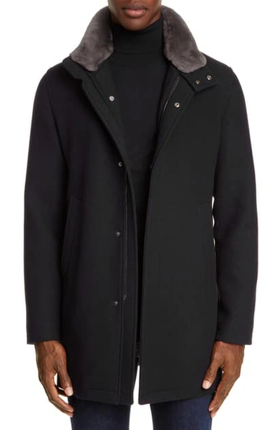 Shop Herno Genuine Beaver Fur Collar Wool Blend Coat In Black