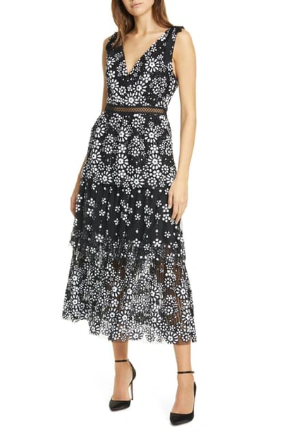 Shop Self-portrait Floral Deco Sequin Tiered Midi Dress In Black