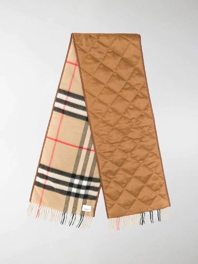 Shop Burberry Vintage Check Leather-trimmed Cashmere Scarf In Brown