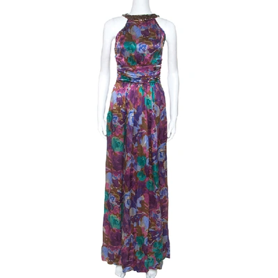 Pre-owned Etro Multicolor Printed Silk Ruched Waist Maxi Dress M