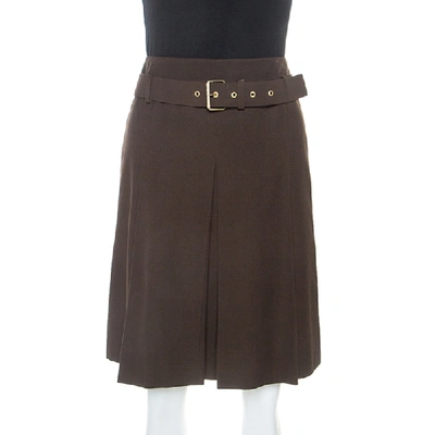 Pre-owned Celine Brown Wool Pleat Detail Belted Skirt S