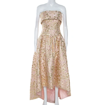 Pre-owned Oscar De La Renta Pink And Gold Brocade Strapless Asymmetrical Dress S