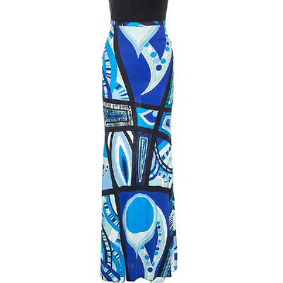 Pre-owned Emilio Pucci Blue Abstract Printed Jersey Flared Maxi Skirt M