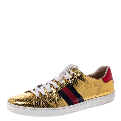 Pre-owned Gucci Metallic Python Embossed Gold Ace Lace Up Sneakers Size 40.5
