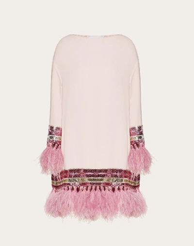 Shop Valentino Embroidered Cady Couture Dress With Feathers In Pink